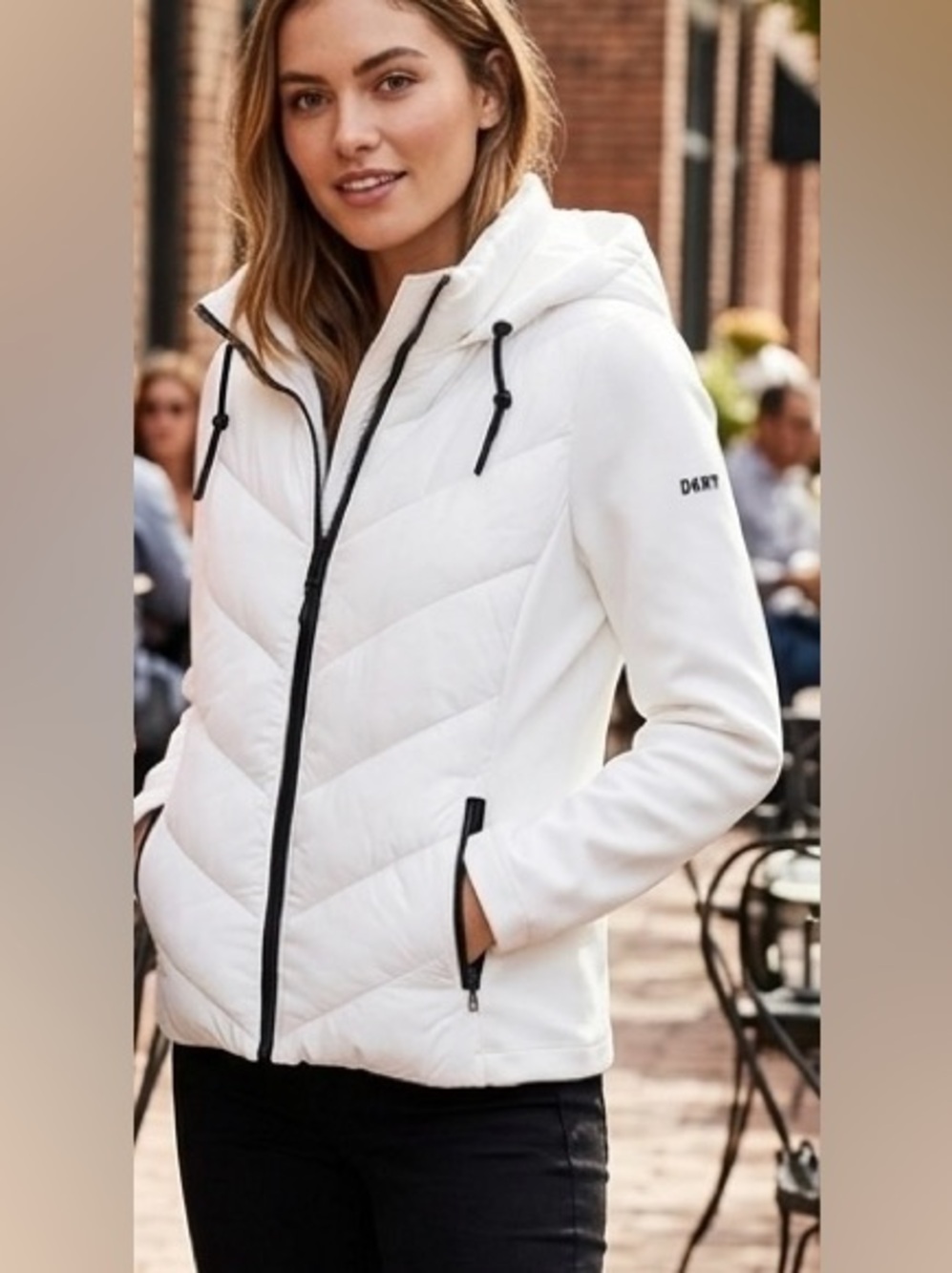 DKNY White Hooded Quilted Hybrid Puffer Jacket - Picture 1 of 3